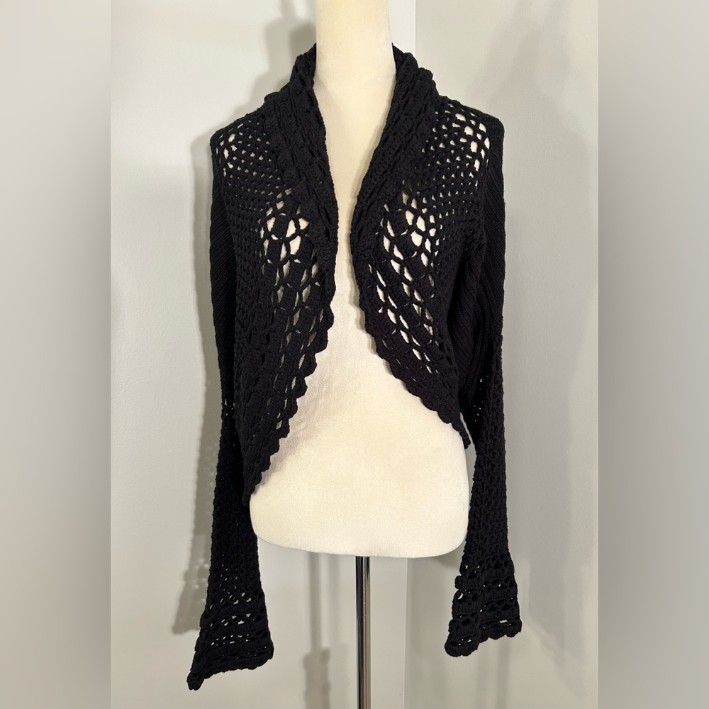 Rachel Zoe Black Crochet Open Front Shrug